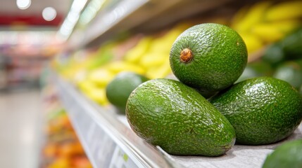 Fresh avocados stacked neatly on a display in a grocery store with bananas in the background during daytime shopping hours