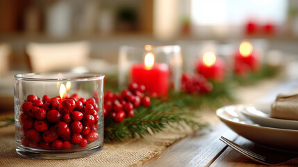 A table with a red tablecloth and a candle in a glass bowl