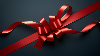 Red ribbon bow isolated on dark background for festive decoration
