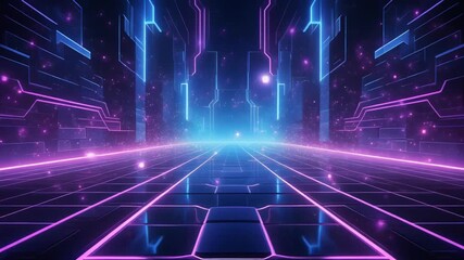 Abstract futuristic digital tunnel with glowing blue and purple neon lines and circuit patterns. - Powered by Adobe
