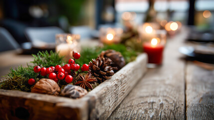 A wooden table with a Christmas wreath and candles on it