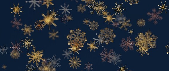 Elegant winter illustration with delicate golden snowflakes floating against a dark blue background. Perfect for