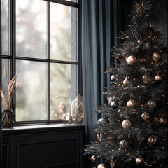 dark elegant christmas tree by the window