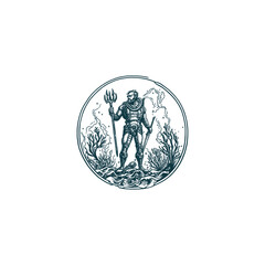 Vintage hand drawn illustration of a powerful warrior holding a trident standing on rocks amidst ocean waves, engraving style vector