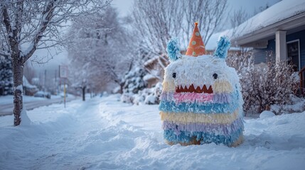 Colorful monster pinata stands in snowy yard during winter season near a house with trees in background and festive party hat on top