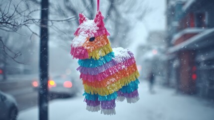 Colorful pi&ntilde;ata hanging from a branch in the snow during winter in a city street with blurred cars in the background