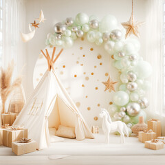 minimalist children playroom with cozy teepee and festive balloon backdrop
