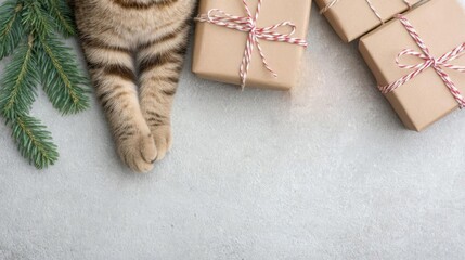 A playful cat beside wrapped gifts and candy canes on a festive surface.