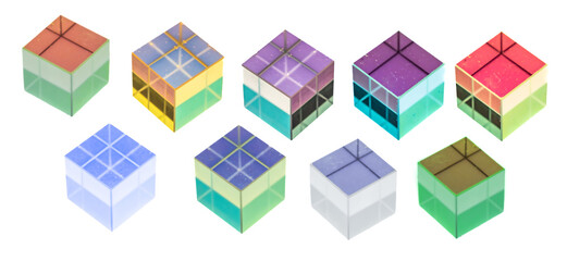 a transparent, three-dimensional cube with a rainbow gradient. The cube has a glass-like texture...
