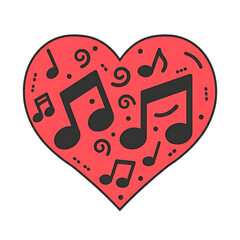 A red heart shape filled with musical notes on transparent background