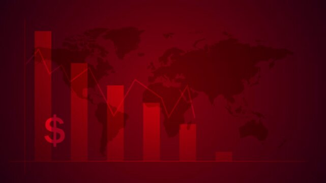 Graph with decrease, financial collapse animation, inflation crisis, global economic recession chart, profit loss, business bankruptcy, world map in red background