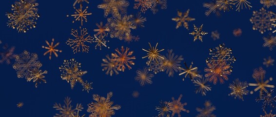 Elegant gold snowflakes floating on a deep blue backdrop, perfect for winter and holiday designs. Ideal for seas