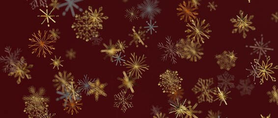 Abstract golden snowflakes on a burgundy background. Perfect for Christmas, New Year, festive designs, holiday g