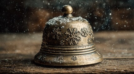 Snow falls on a vintage brass bell resting on a wooden table in a cozy setting during winter