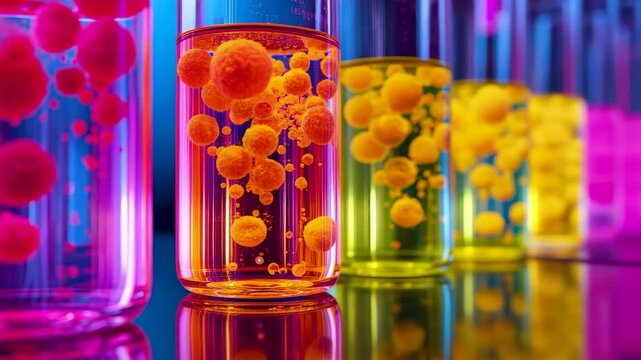 Colorful laboratory test tubes filled with liquid and floating particles under neon lighting