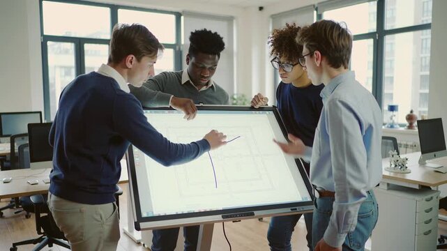  group of engineering students  analyze and debate  technical blueprint on  touch-enabled whiteboard