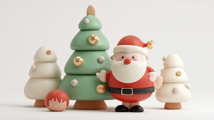 Cute 3D Santa with Christmas tree and festive toys on white background