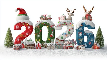 Cute 3D Christmas 2026 numbers with characters and snowy village scene