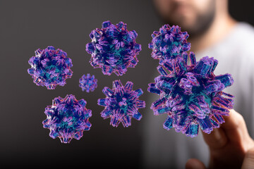 3D render of virus particles, digital illustration. Concept of healthcare, disease, outbreak, infection, and m