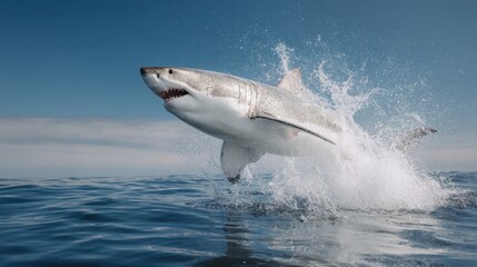Fototapeta premium Great white shark leaps from ocean waves during bright day near the coast showcasing raw power and agility while searching for food