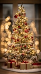 Golden Christmas presents with blurred holiday lights