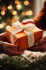 Cozy winter hands giving a Christmas gift in candlelight