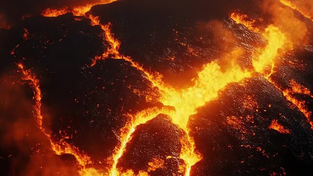 Molten lava flowing hot cracks volcanic surface