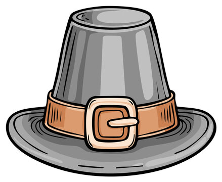 Classic gray pilgrim hat with a buckle, a cartoon illustration and symbol for the Thanksgiving holiday