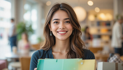 Young woman with long hair, smiling while holding colorful paper in a bright cafe, surrounded by people and modern decor, showcasing creativity and joy in a vibrant atmosphere