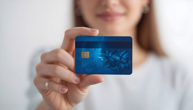 Young woman holding a blue credit card with a chip, showcasing financial transaction concept, emphasizing digital payments and modern banking solutions in a bright environment