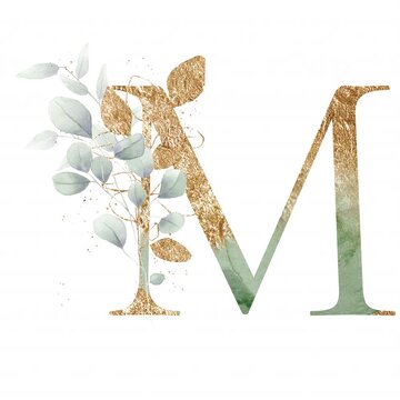 Letter M alphabet initial letter watercolor greenery foliage with line art delicate animation romantic illustrated alpha mask animation golden