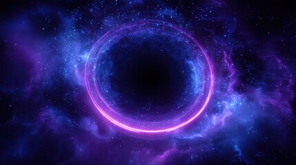 A purple and blue space with a glowing circle in the middle. The circle is surrounded by a purple and blue background