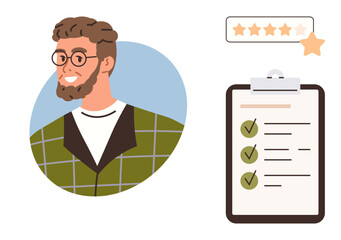 Smiling man portrait beside a clipboard with checklist and star rating system. Ideal for evaluation, feedback, performance, quality control, customer review, personal rating, simple flat metaphor