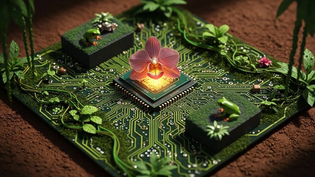 Eco Friendly Technology Concept Featuring Pink Orchid Blooming on Computer Chip with Frogs