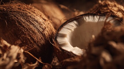 Close up view of a halved coconut showing flesh and fibers