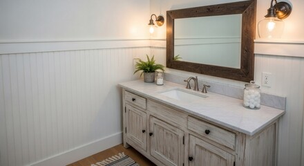 Fototapeta premium Charming Farmhouse Bathroom With Rustic Vanity And Natural Light
