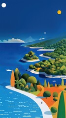 Tropical islands sailboats illustration