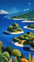 Tropical islands sailboats illustration