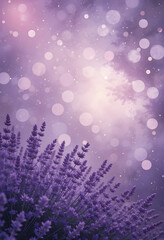 Soft purple background with watercolor glow, lavender field on the side, gentle bokeh, romantic summer abstraction 