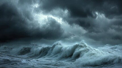 Dark clouds gather over the ocean as waves crash violently against each other in a stormy scene near the coast