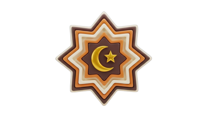 Islamic Geometric Star Ornament with Golden Crescent Moon and Star Emblem on Transparent Background Detailed Layers Rich Colors