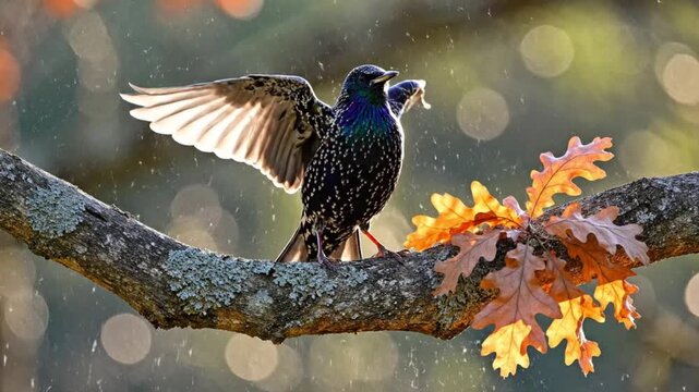 European starling bird with iridescent plumage spreads wings wide perched on a mossy branch near autumn oak leaves