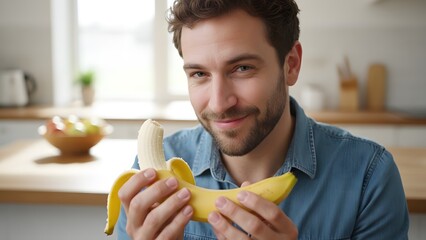 Young Man Peeling Banana in Kitchen.