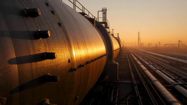 Large cylindrical industrial storage tank beside parallel pipelines during golden hour sunrise