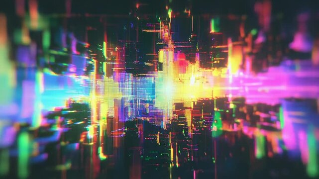 Glitch art data stream breaking digital colorful network