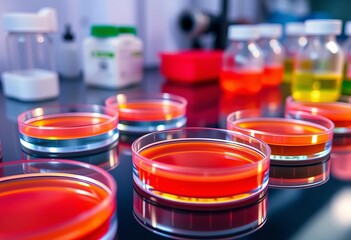 Close-up view of sterile petri dishes on a lab bench, experiment, microbiology