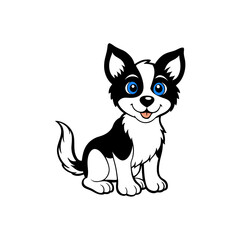 A charming cartoon illustration of a black and white puppy with bright blue eyes, sitting and smiling happily.