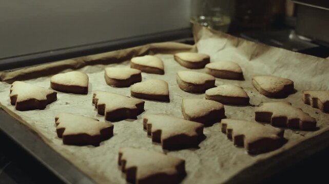 undecorated Christmas gingerbread cookie on oven sheet freshly baked. Desaturated footage easily color matched