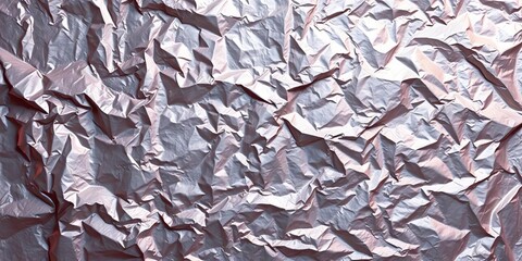 Wrinkled metallic surface with light reflections and subtle shadows, grey background, wrinkled texture