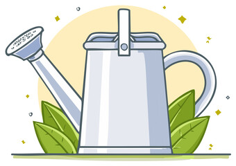 Obraz premium Gardening Watering Can Illustration with Leaves and Sparkles